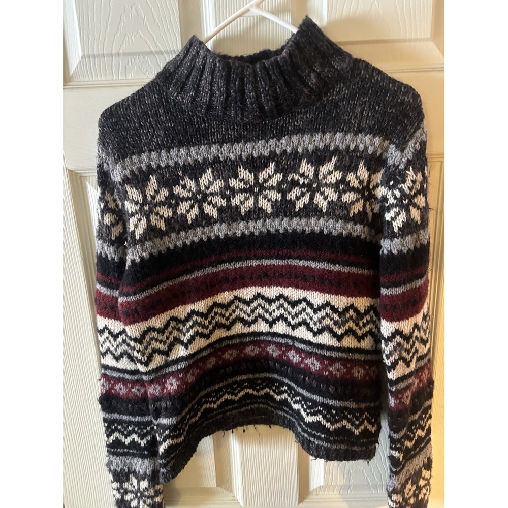 Vintage Sweater 90s Mock Turtleneck Chunky Stripe Snowflake Wool Isle Red Gray L